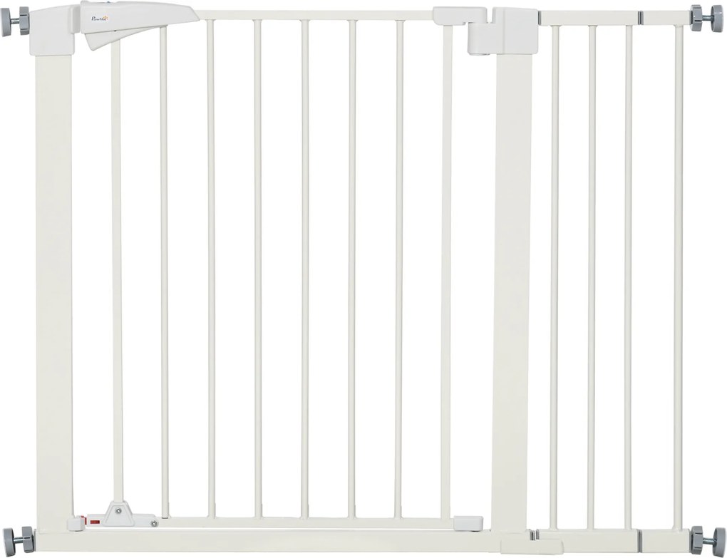 PawHut Poartă pentru Câini de Talie Mică și Medie cu Dublă Încuietoare și Închidere Automată, 76-103x4.2x77 cm, Alb | Aosom Romania