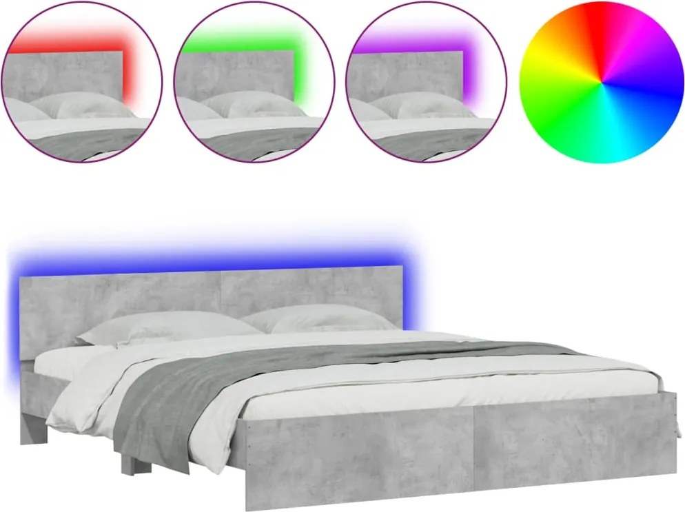 vidaXL Cadru de pat cu tăblie și LED, gri beton, 180x200 cm