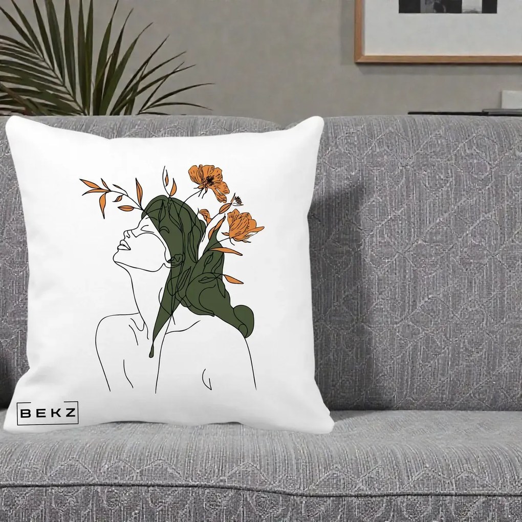 Perna Decorativa Portret Feminin Profil Flori Portocalii, 40x40 cm, Alba Mata, Husa Detasabila, Perna Inclusa, BEKZ®