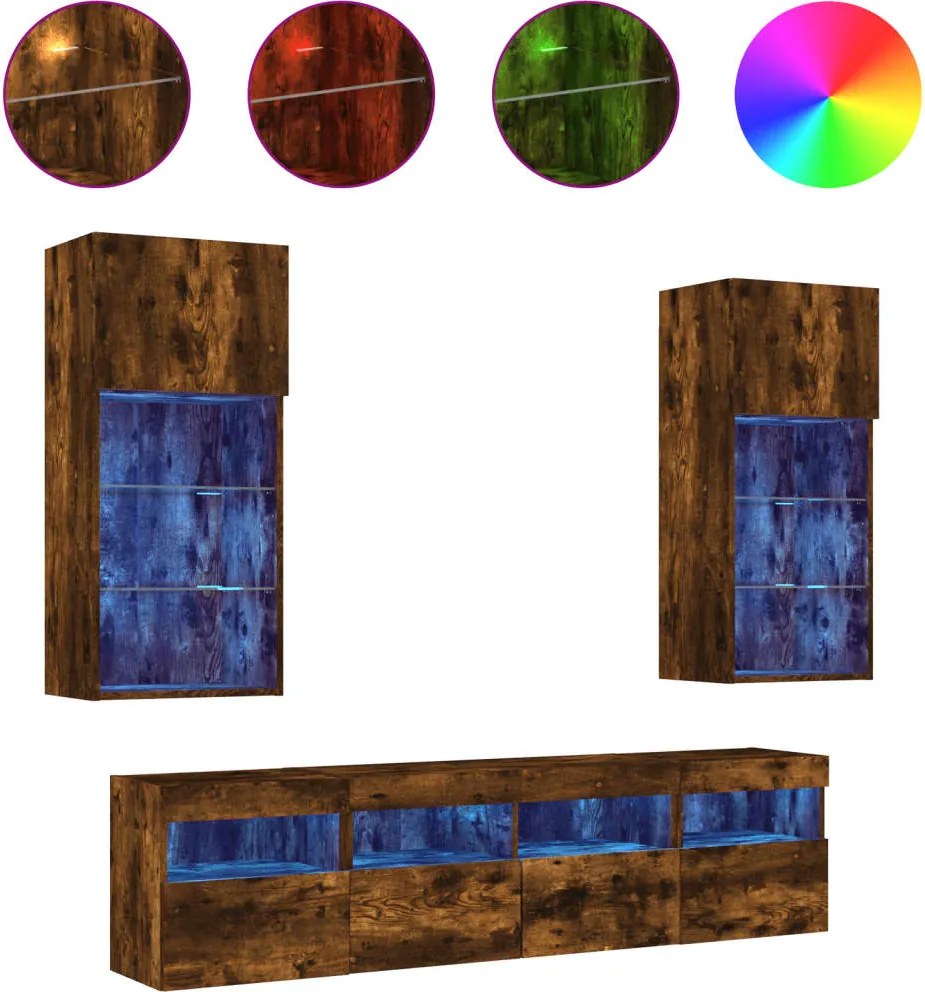 vidaXL Unități de perete TV cu LED-uri, 5 piese, stejar fumuriu, lemn