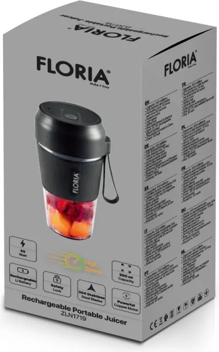 Blender portabil Floria ZLN1719 pentru suc reincarcabil, Capacitate 300 ml, Putere 50W, Lame din otel inoxidabil, Negru