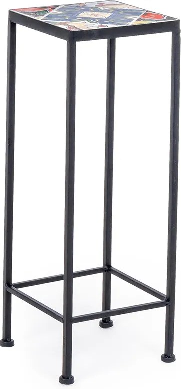 Suport ghiveci flori din fier forjat negru cu blat patrat ceramic multicolor 20 cm x20 cmx  51 h