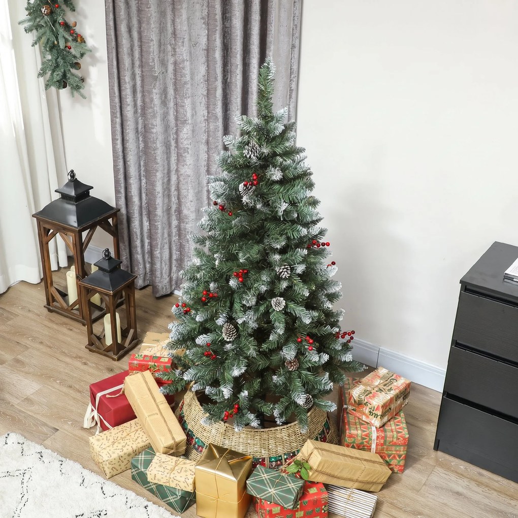 HOMCOM Brad de Crăciun Înnzăpezit Înalt de 150 cm cu 398 Ramuri, Brad Artificial de Interior cu Conuri și Boabe Roșii Decorative, Bază Metalică, Verde | Aosom Romania