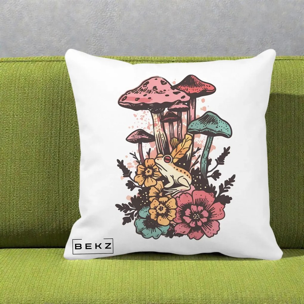 Perna Decorativa Ciuperci si Broaste Boho, 40x40 cm, Alba Mata, Husa Detasabila, Perna Inclusa, BEKZ®