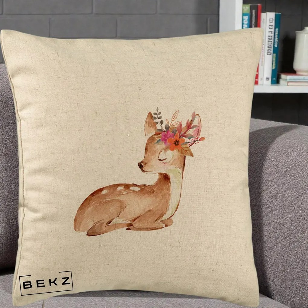 Perna Decorativa Caprioara cu Flori in Coama, 40x40 cm, Bej, Husa Detasabila, Perna Inclusa, BEKZ®