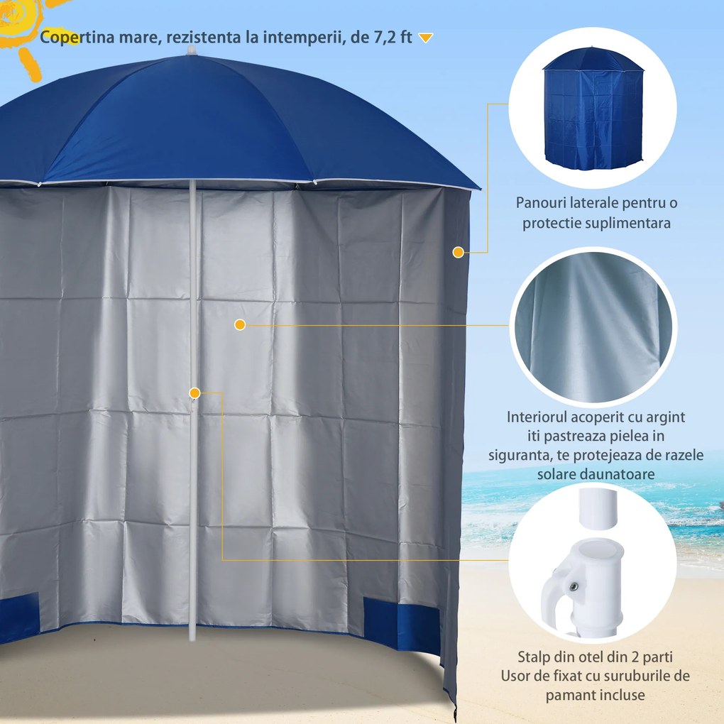Outsunny Umbrelă de Plajă cu Perdea Laterală, Săculeți pentru Nisip și Țăruși, Ø220x220 cm, Albastru | Aosom Romania
