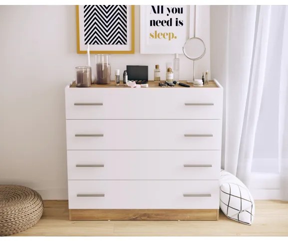 Comoda Tentro Cu 4 Sertare, Stejar Alb Si Stirling, 100 Cm