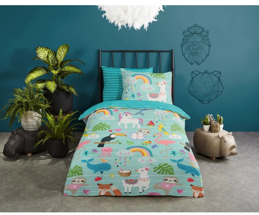 Lenjerie de pat pentru copii albastră din bumbac pentru pat de o persoană 140x200 cm Festen – Good Morning