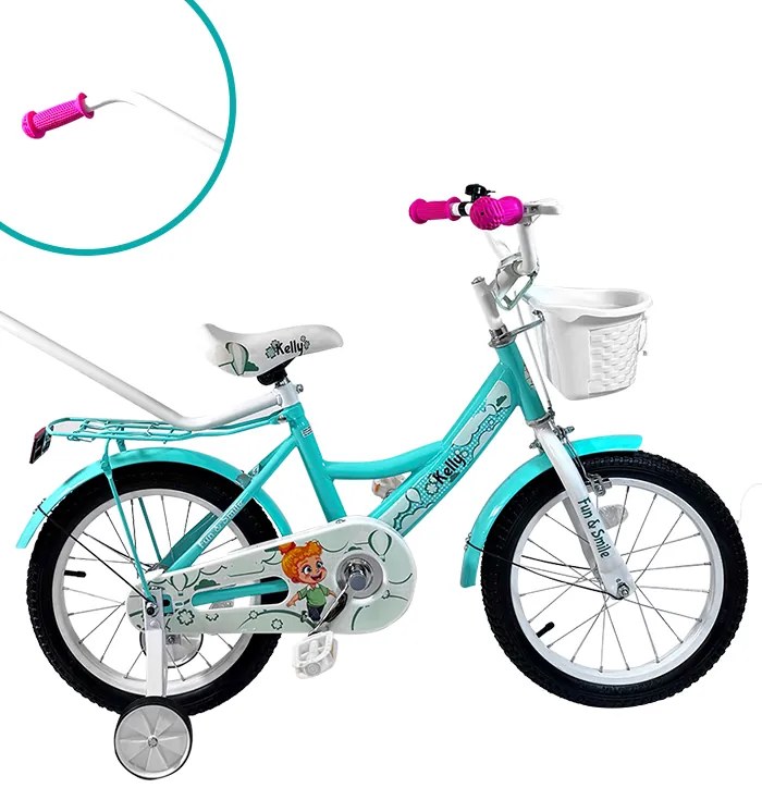 Bicicletă pentru copii cu bară de ghidare, coș și roți auxiliare 16 – pre deti od 4 do 6 rokov