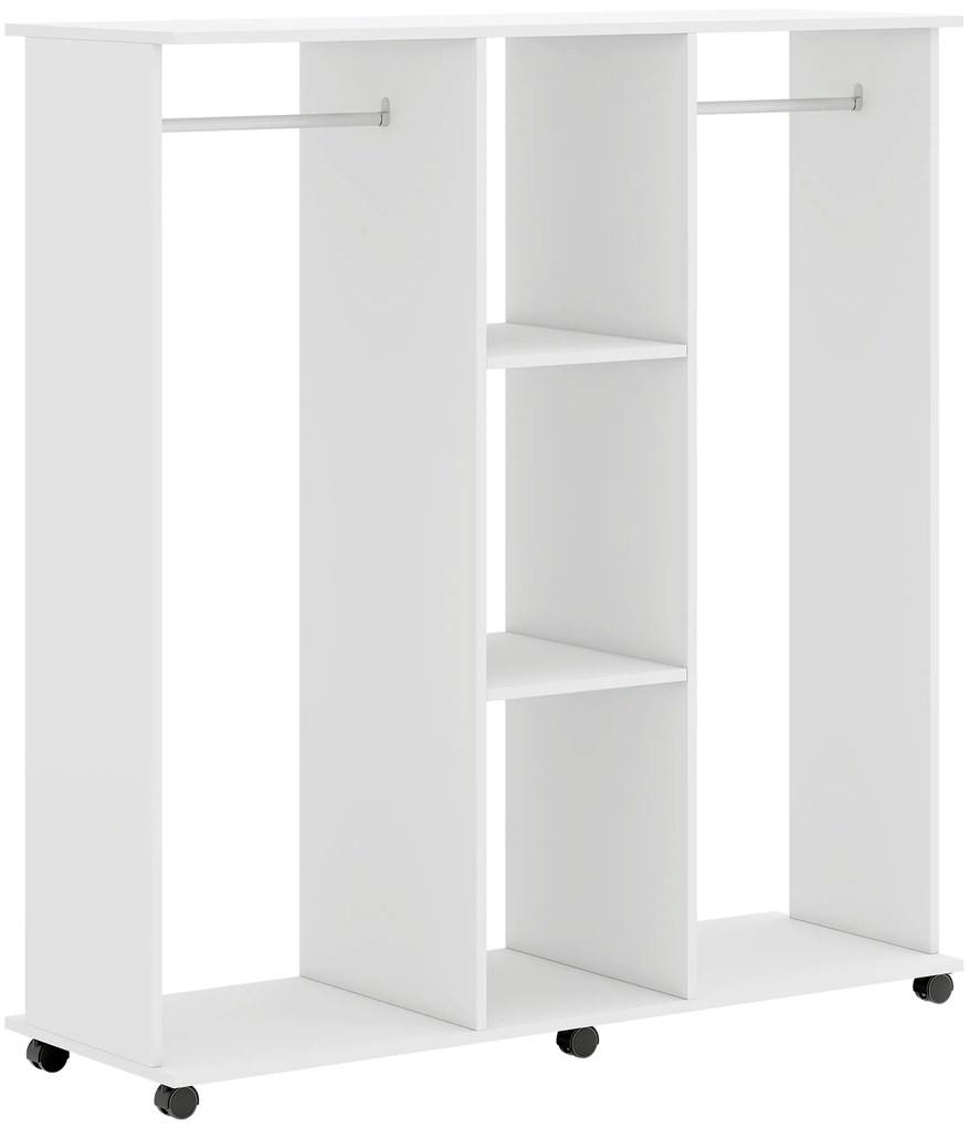 HOMCOM Dulap-penderie mobilier de depozitare mobil 6 roți 120 x 40 x 128 cm din lemn alb | Aosom Romania