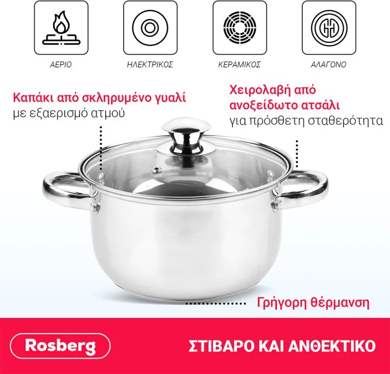 La mâna a doua: Set oale Rosberg R51210O10, 10 piese, 2.1-6.3 L, Otel inoxidabil, Argintiu