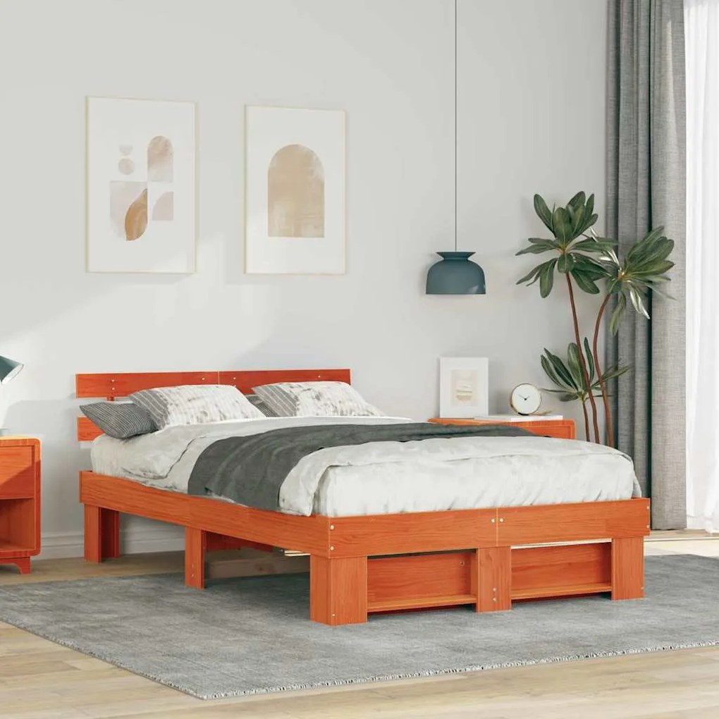 vidaXL Cadru de pat Maroniu cerat 135 x 190 cm Lemn de pin masiv