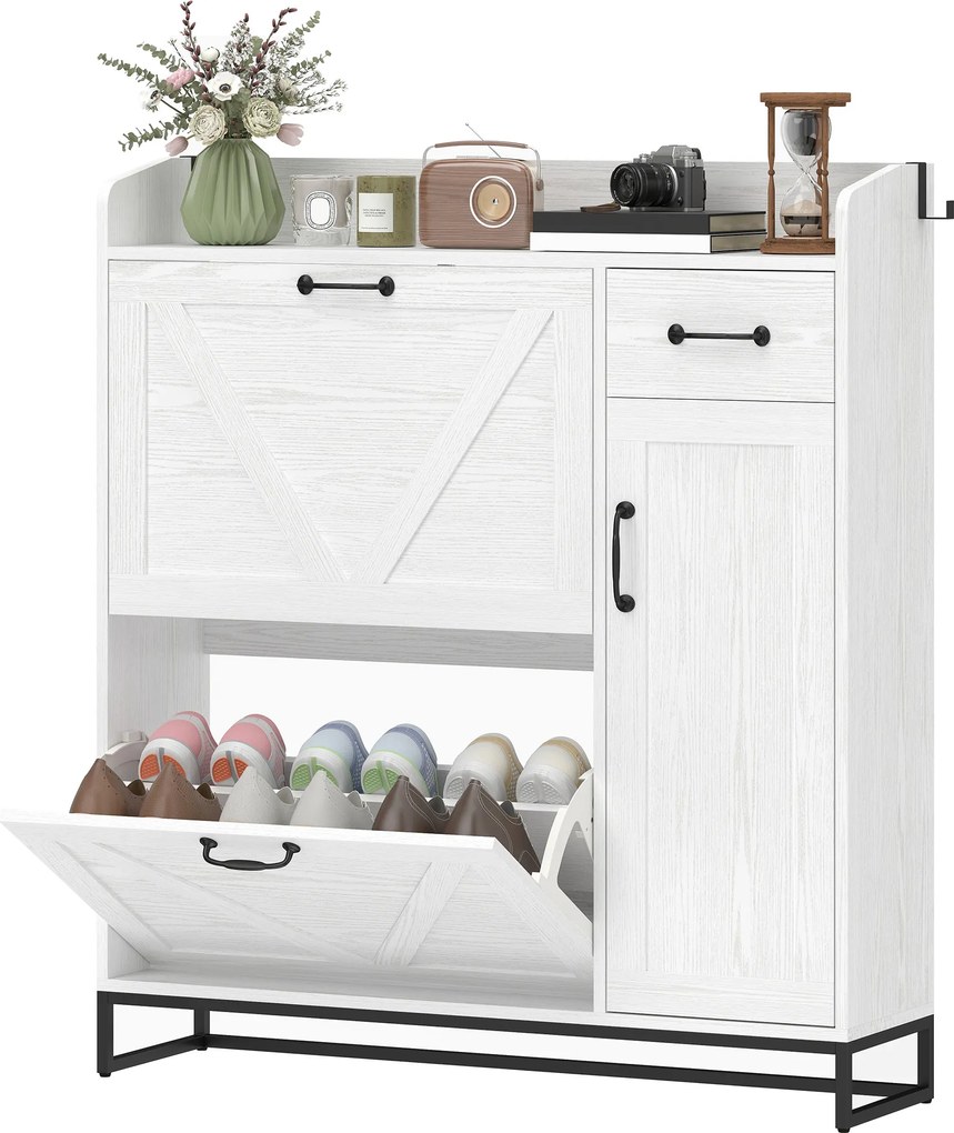 HOMCOM Pantofar îngust cu 2 sertare basculante și polițe reglabile pentru 12 perechi, pentru spații reduse, 106,7x26x116 cm, Alb | Aosom Romania