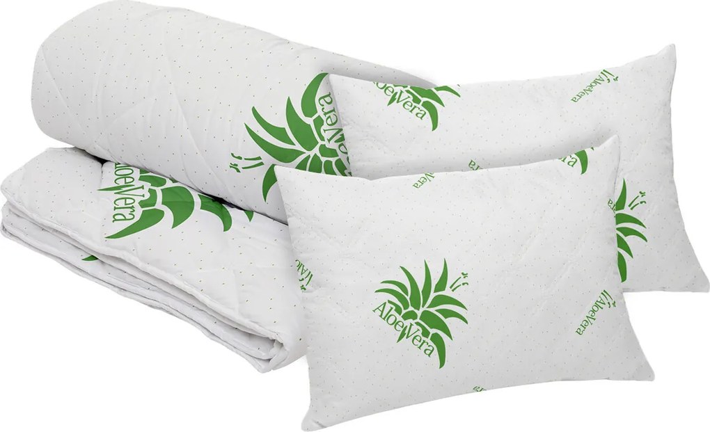 Set Aloe Vera Essence, 2 perne microfibra 50x70 cm si pilota matlasata 350g/mp, 200x220 cm