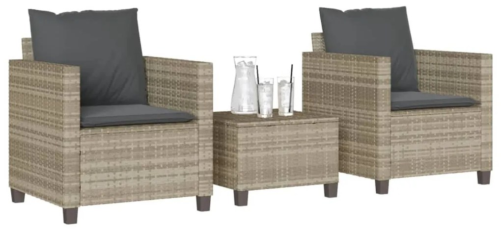 vidaXL Set bistro cu perne, 3 piese, gri deschis, poliratan