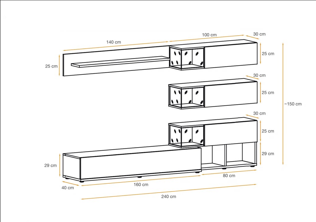 Mobila Living , usi deschidere push open prin apasare, fronturi alb lucios nuc inchis-alb , 240 cm lungime, cu vitrina, sticla securizata , lumina led