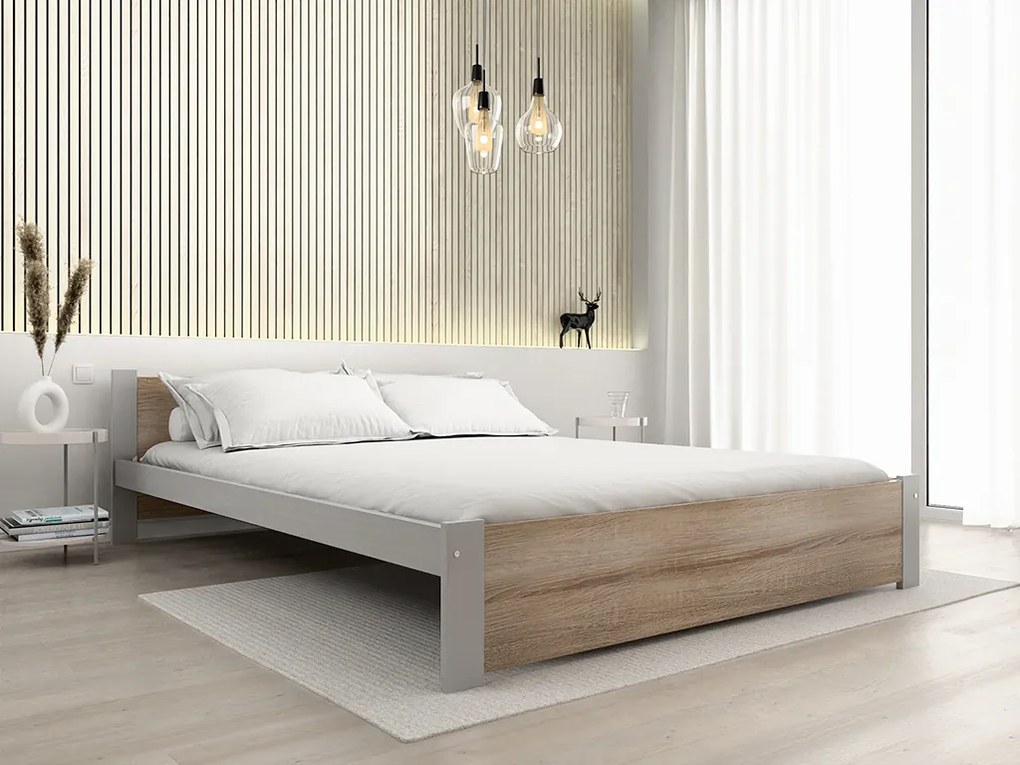 Pat dublu IKAROS 160 x 200 cm, stejar sonoma/gri Saltele: Cu saltele Coco Maxi 20 cm, Somiera pat: Cu lamele drepte