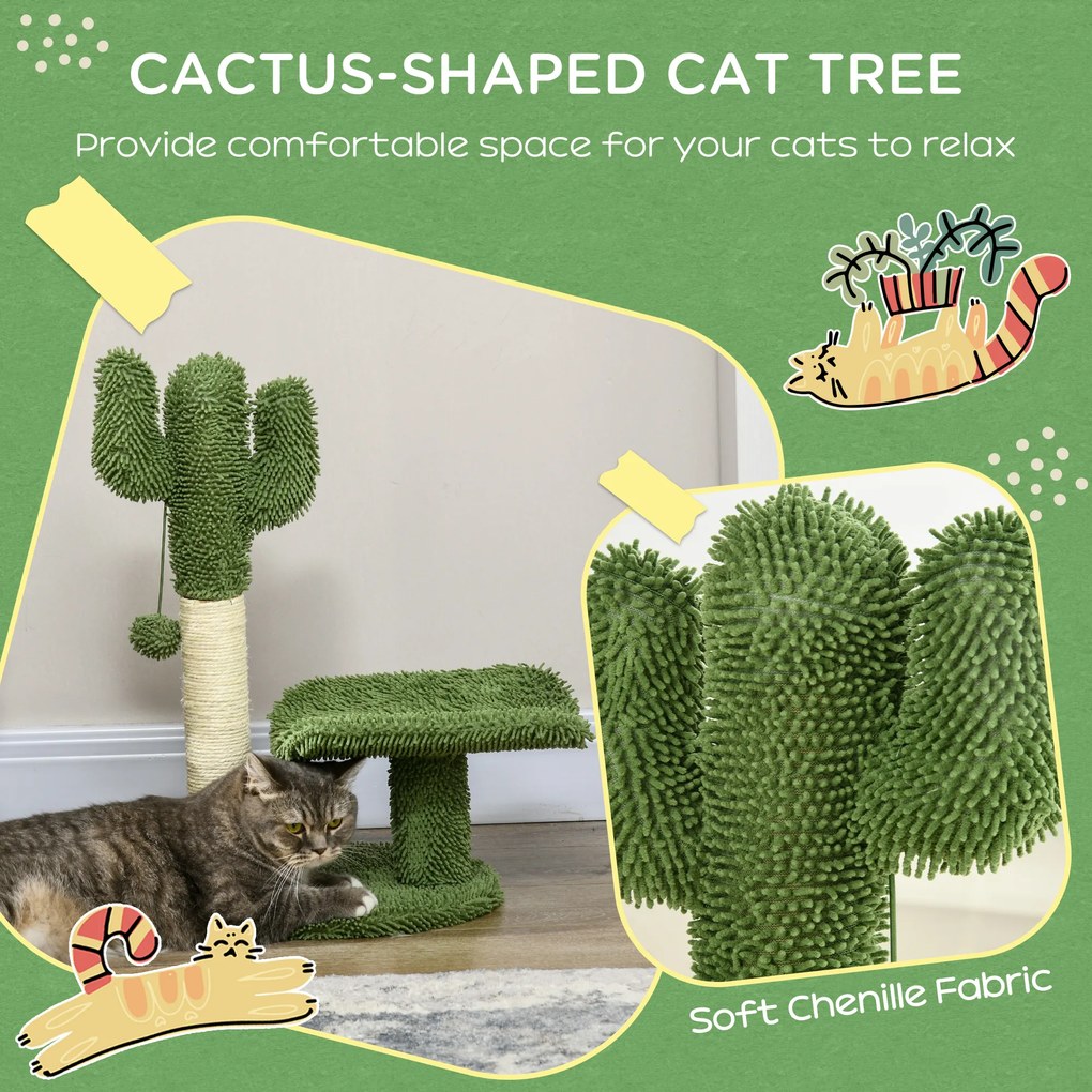 Copac de 55,5cm in Forma de Cactus pentru Pisici de Interior, Turn pentru Pisici cu Stalpi de Zgariat, Pat, Minge, Verde PawHut | Aosom Romania