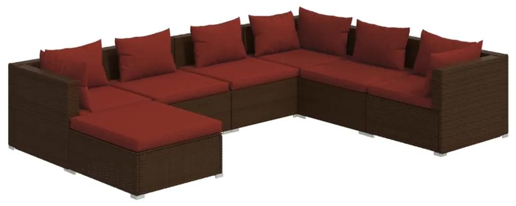 Set mobilier de gradina cu perne, 7 piese, maro, poliratan maro si rosu, 3x colt + 3x mijloc + suport pentru picioare, 1