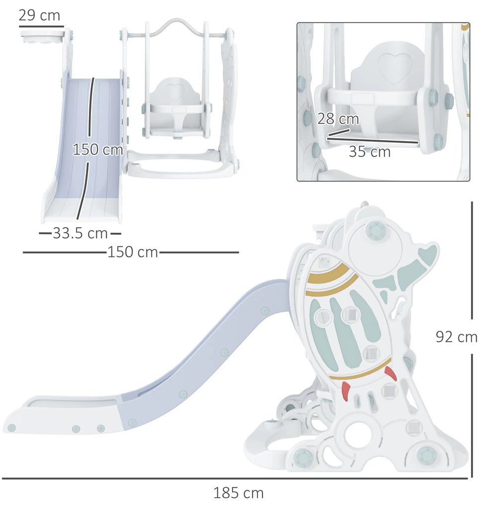 Joc pentru copii cu vârsta între 18-48 luni, set din plastic 3 în 1 cu leagăn, tobogan și coș, 150x185x92cm alb și gri AIYAPLAY | Aosom Romania