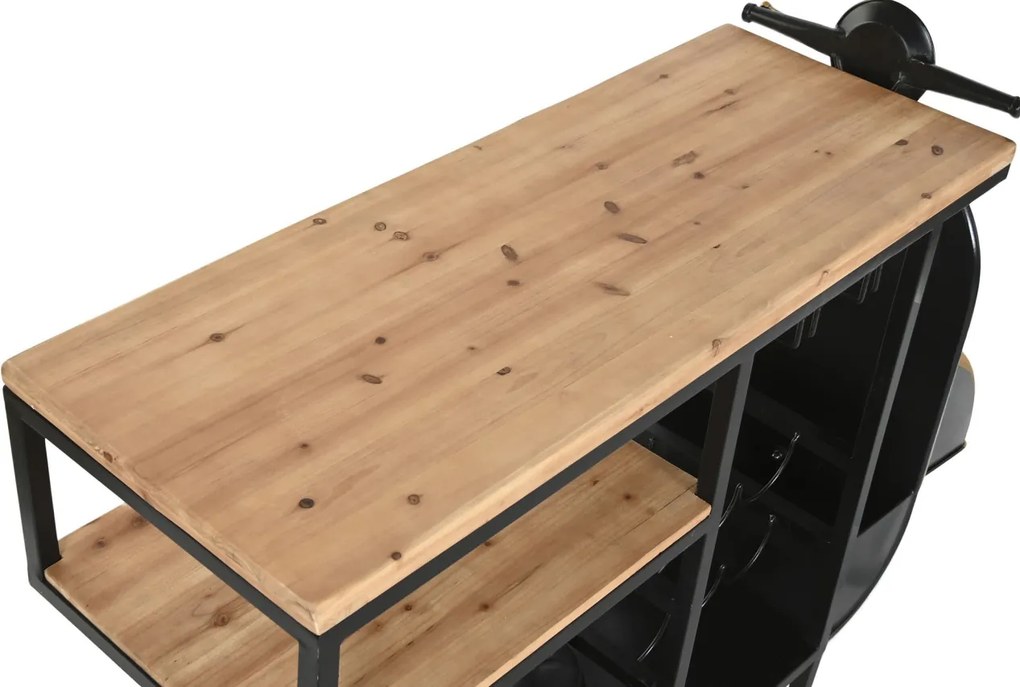 Bar decorativ din metal, negru, formă de scuter cu blat din lemn și suport pentru sticle și pahare, finisaj vopsit, 92 x 134 x 36 cm, „Menton”