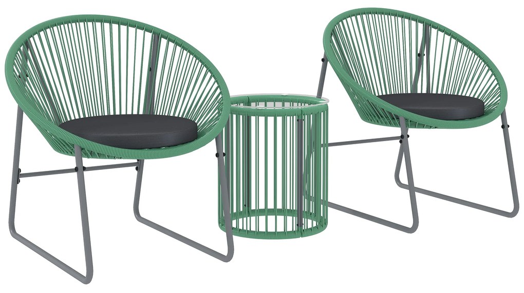 Outsunny Set de mobilier de exterior cu 3 piese, 1 masă, 2 scaune, placă de masă din sticlă, poliratan plastic înfășurat în cadre de oțel, perne moi, Verde | Aosom Romania