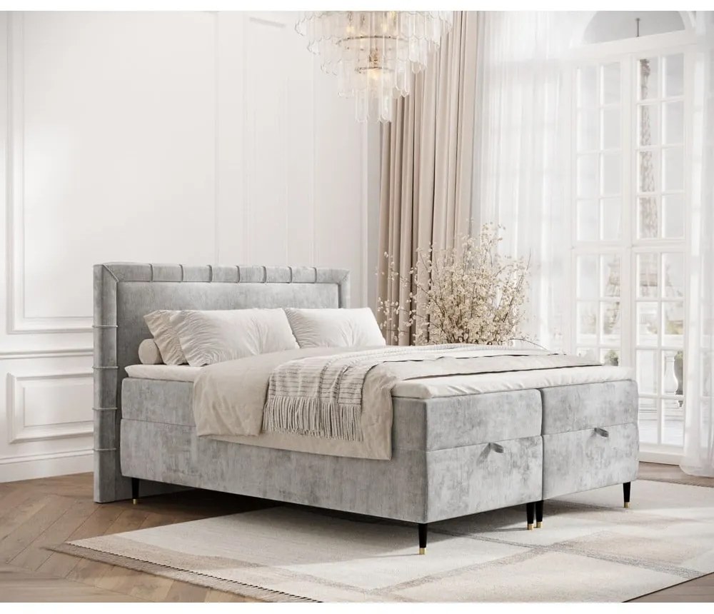 Pat boxspring gri deschis cu spațiu de depozitare 200x200 cm Voyage – Maison de Rêve