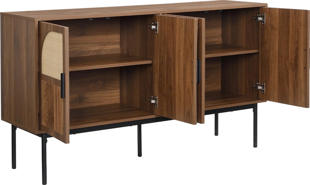 Bufet modern cu ratan, cu 4 uși și mult spațiu de depozitare, design retro-natural, 140x40x80 cm, Culoare naturală