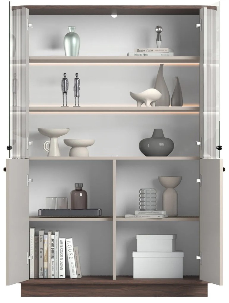 Vitrină cu patru uși pe soclu Vesper 103 cm - cașmir / nuc / mânere negre