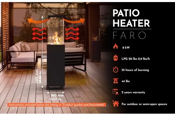 Șemineu de exterior pe gaz Planika Faro GAS 142x36 cm 8kW negru + capac de protecție