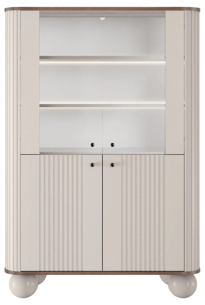 Vitrină Vesper 103 cm cu 4 uși - cașmir / nuc / mânere negre / picioare sferice