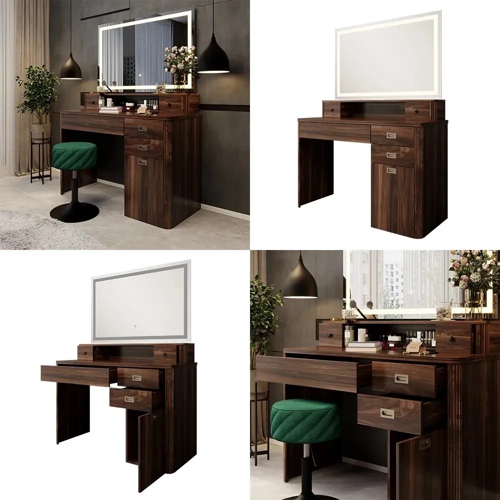 SEM246 - Set Masa toaleta, 115 cm, cosmetica machiaj, oglinda LED, masuta vanity cu sau fara scaun (la alegere) - Maro