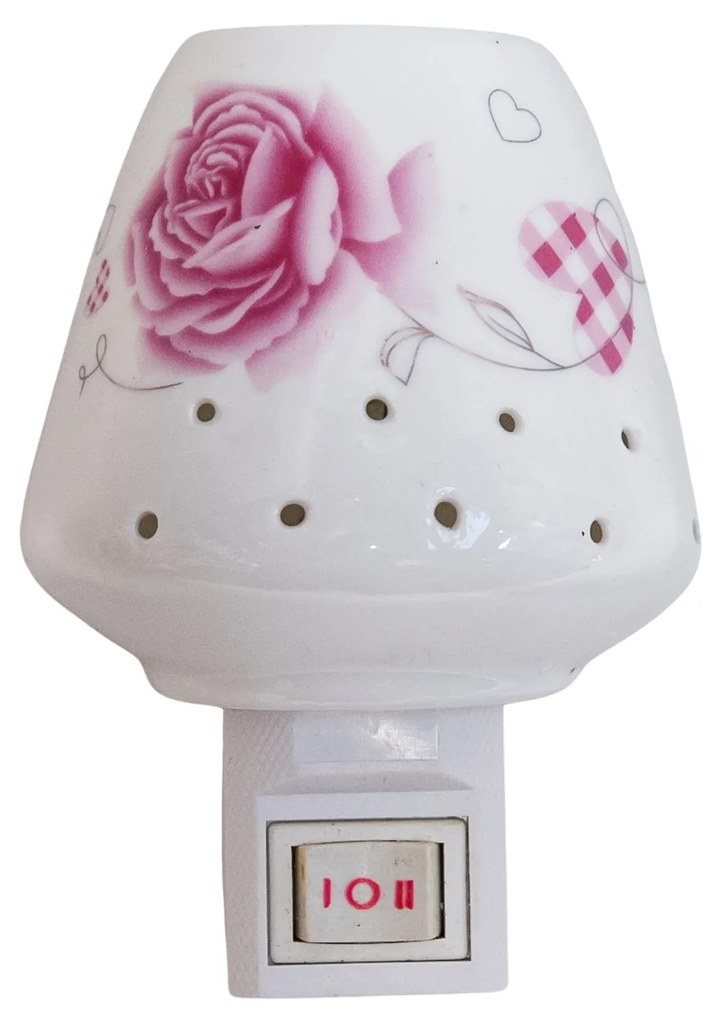 Lampă de veghe din ceramică, decorată cu floare roz și inimă