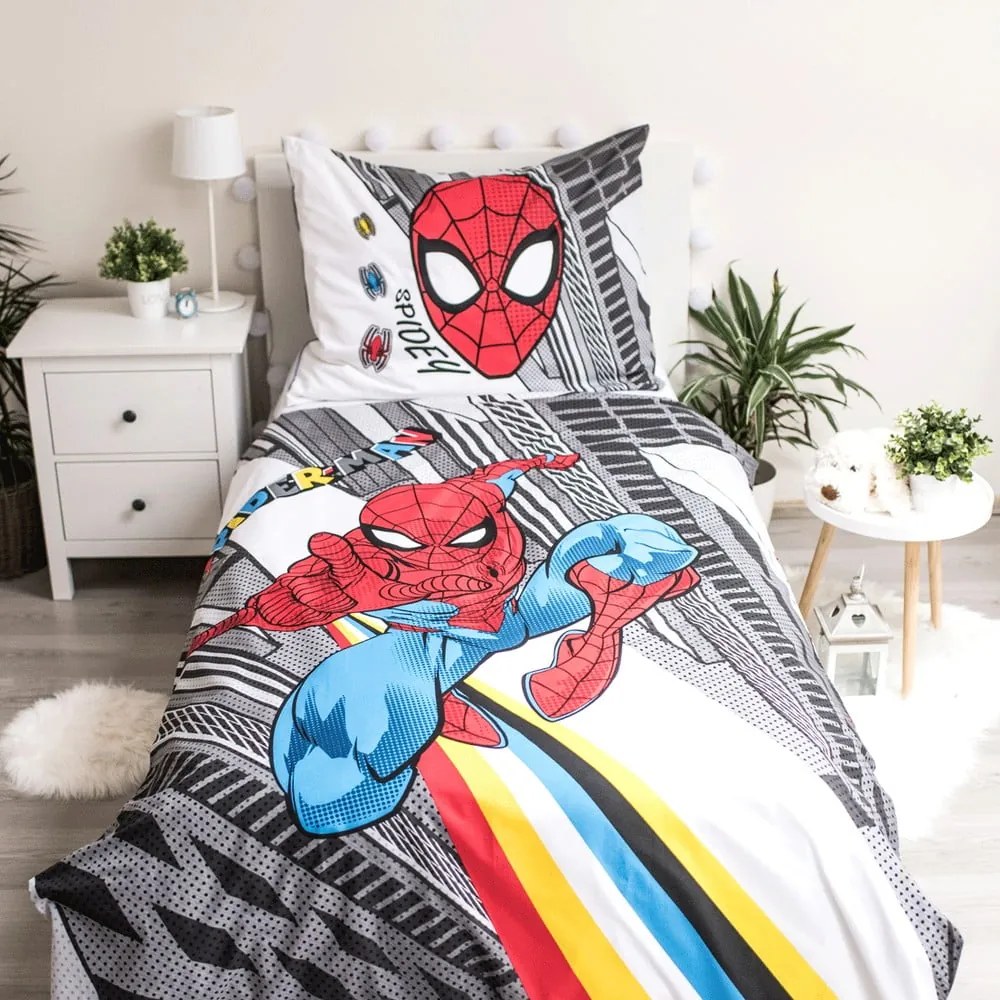 Lenjerie de pat din bumbac pentru copii Jerry Fabrics Spiderman, 140 x 200 cm, gri