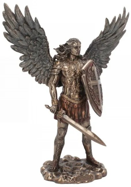 Statueta rasina si bronz Arhanghelul Mihail cu Scut si Sabie 36 cm