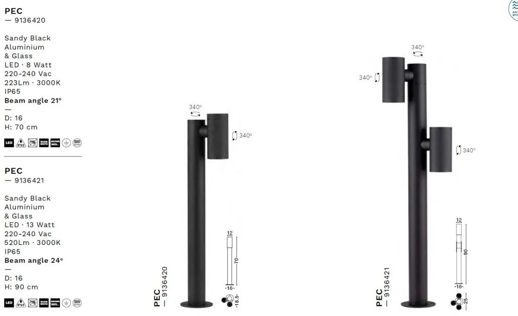 Stalp LED reglabil iluminat exterior IP65 PEC H-70cm