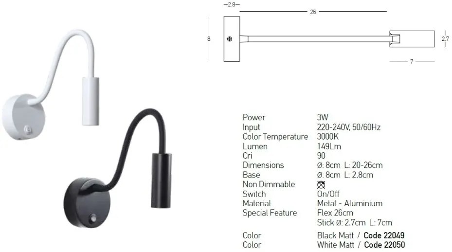Aplica LED de perete cu brat flexibil Minimal alba