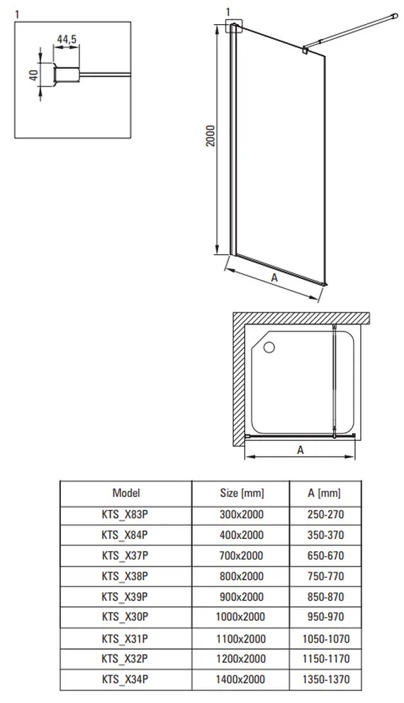 Paravan dus profil negru walk-in sticla securizata 30x200 cm, Deante Kerria Plus Negru mat, 300x2000 mm