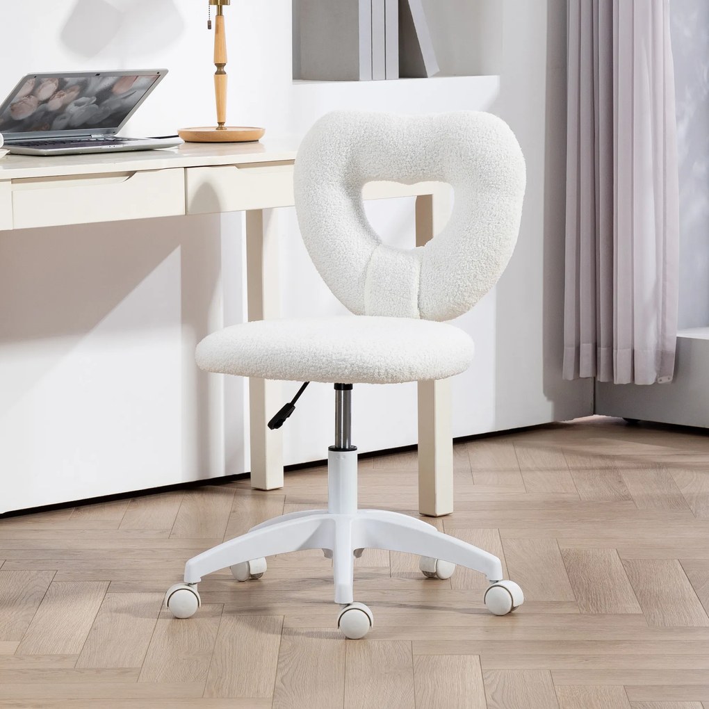 HOMCOM Scaun de Birou Tapițat cu Spătar în Formă de Inimă și Rotile, 45x56x78-88 cm, Alb | Aosom Romania