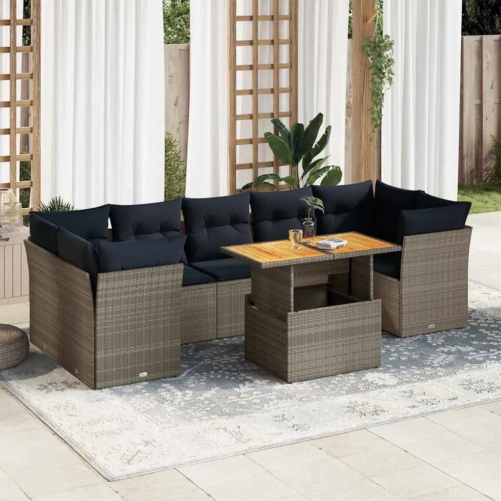 vidaXL Set mobilier grădină cu perne, 8 piese, gri, poliratan