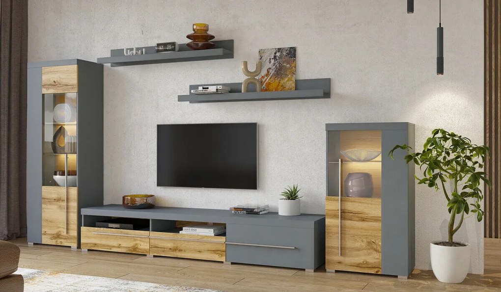 Mobilă pentru sufragerie Austin AD103Wotan stejar, Gri, Cu comodă tv, Părți separate, Sticlă, PAL laminat, 160x270x40cm, 101 kg