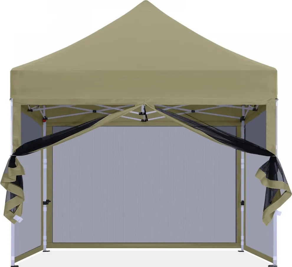 ABCCANOPY – Cort pavilion pliabil 3x3 m, cu pereți Mesh anti-insecte, înălțime reglabilă (3 trepte), impermeabil, protecție UV, Kaki