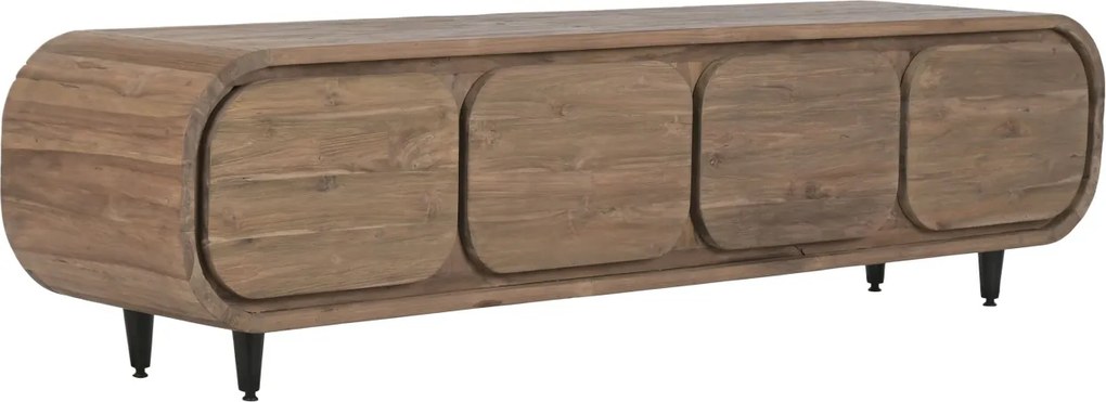 Comodă TV lungă din lemn de tec reciclat, maro, cu 4 sertare și picioare metalice, aspect rustic, 50 x 200 x 45 cm, „Granville”