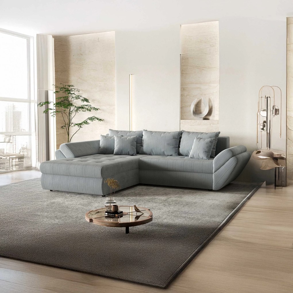 Colțar extensibil dumonde cu ladă de depozitare si sezut confortabil din spuma high-density, Loana Zoom Grey 270x185 cm