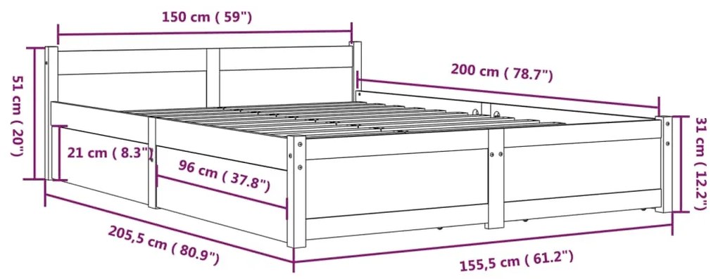 Cadru de pat cu sertare 5FT King Size, 150x200 cm Maro, 150 x 200 cm