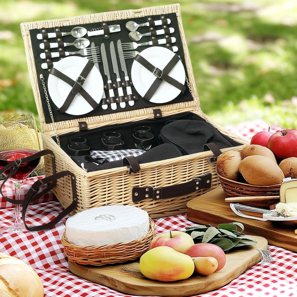 Outsunny Coș de Picnic pentru 4 Persoane cu Zonă Frigorifică și Accesorii 54x34x20 cm | Aosom Romania