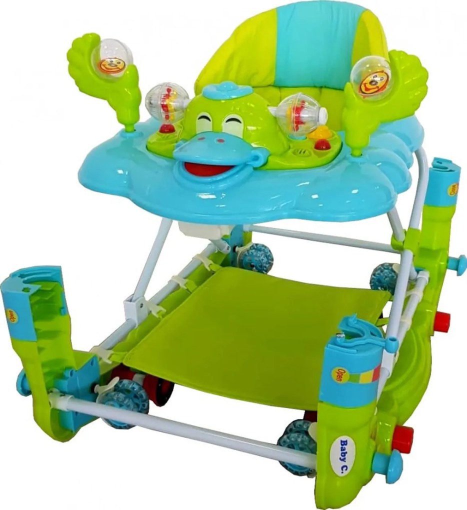 Premergator cu sistem de balansare Baby Care™ H914 ,Roti silentioase din silicon, Cu melodii, Ratusca, Pliabil, Verde Turquoise