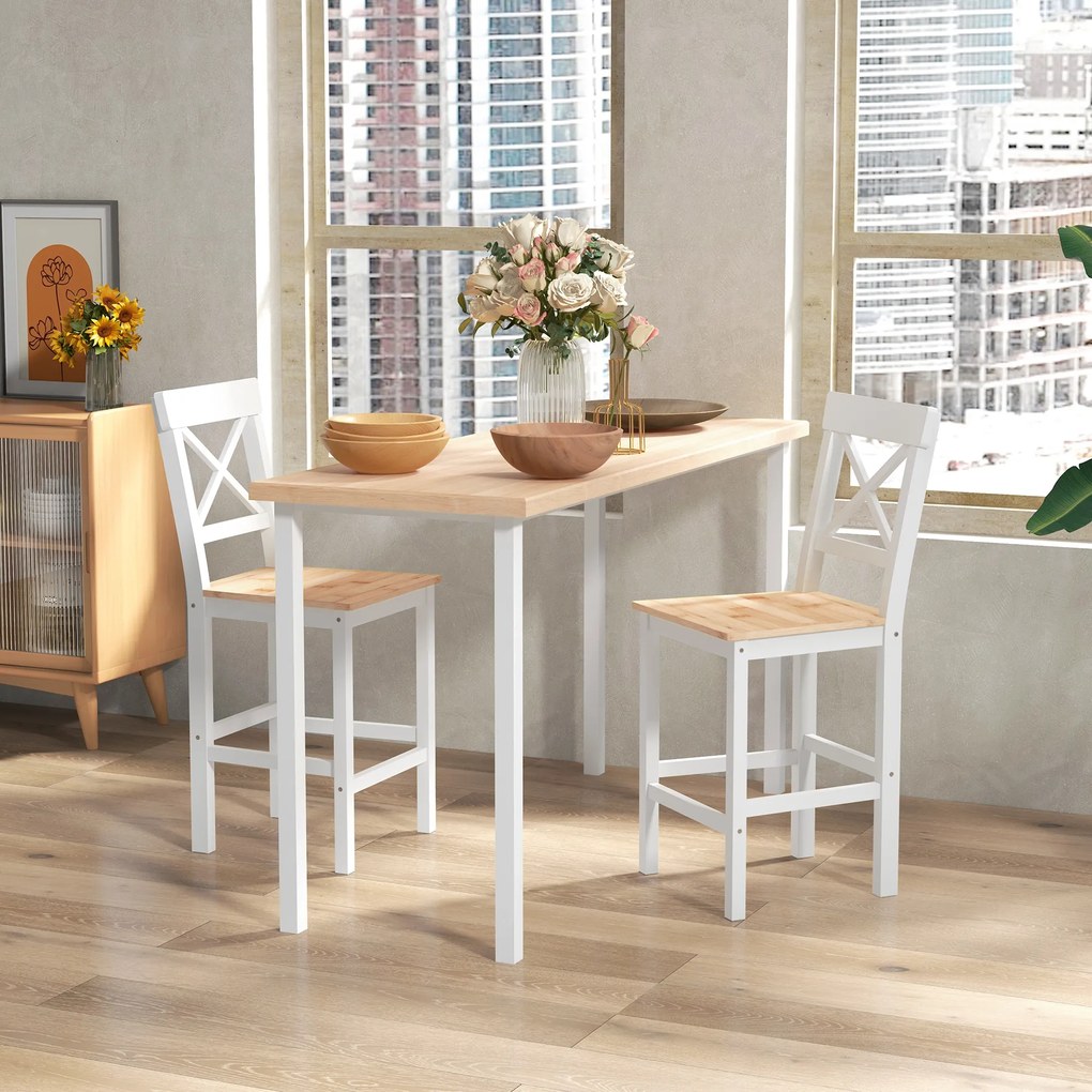 HOMCOM Set de 2 taburete de bar, scaune înalte stil rustic, spătar înalt și suport pentru picioare, 41x46x97,5cm, alb și lemn natural | Aosom Romania