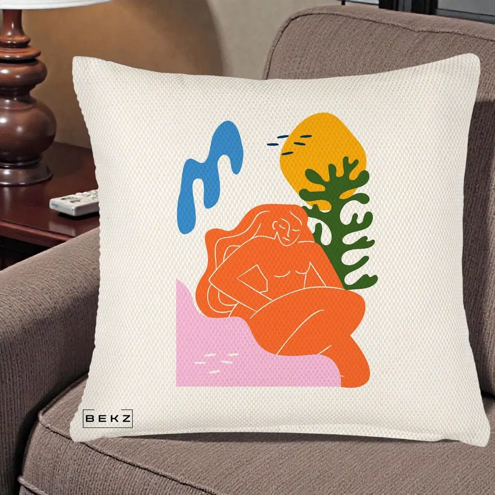 Perna Decorativa Femeie Portocalie Relaxata, 40x40 cm, Crem Reliefat, Husa Detasabila, Perna Inclusa, BEKZ®