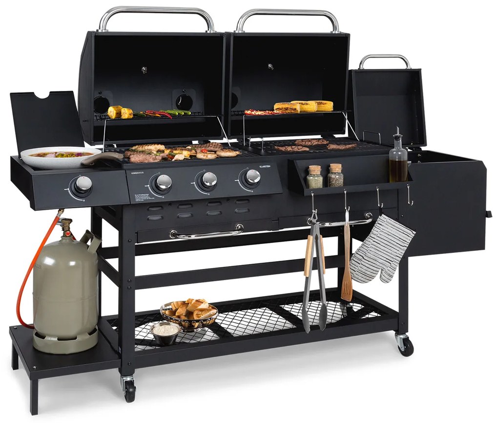 Kingsville Smoker, grătar combinat, gaz, cărbune, afumător cu cărbune, 13,5 kW, 3+1 arzătoare, negru